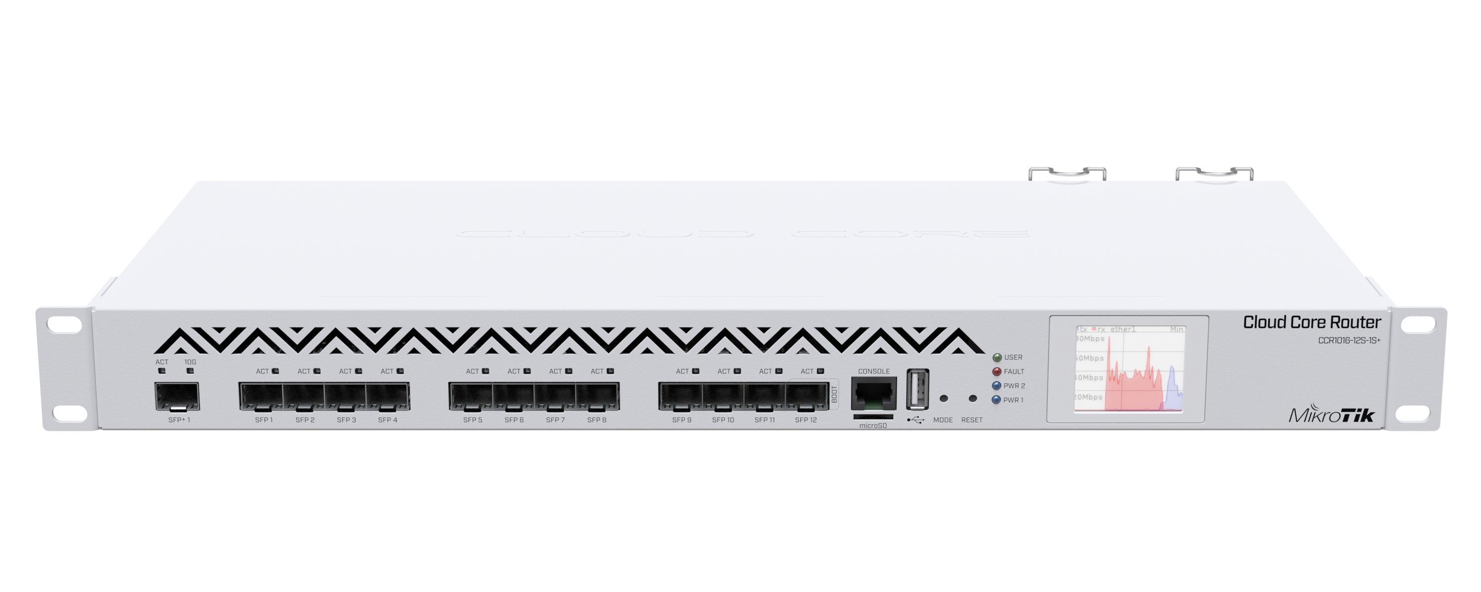 CCR1016-12S-1S+	Cloud Core Router 1016-12S-1S+ with Tilera Tile-Gx16 CPU (16-cores, 1.2Ghz per core), 2GB RAM, 12xSFP cages, 1xSFP+ cage, RouterOS L6, 1U rackmount case, Dual PSU, LCD panel.