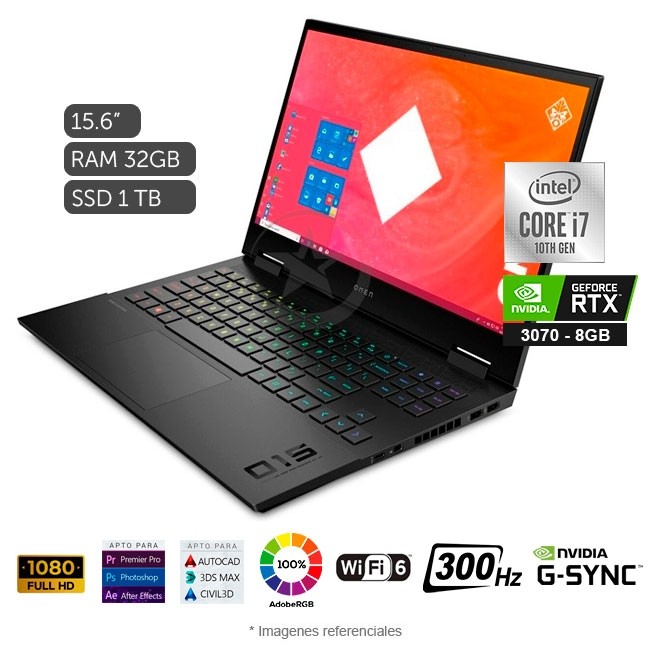 Laptop HP Omen 15-EK1013UP Gaming, Intel Core i7-10750H 2.6GHz, RAM 32GB, Sólido SSD 1TB PCIe, Video 8 GB Nvidia RTX 3070, LED 15.6" Full HD G-Sync a 300Hz, Windows 10 Home