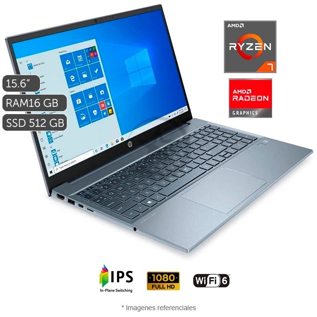 Laptop HP Pavilion 15-EH1070, AMD Ryzen 7 5700U 1.8GHz, RAM 16GB, Sólido SSD 512GB PCIe, LED 15.6\" Full HD, Windows 10 Home
