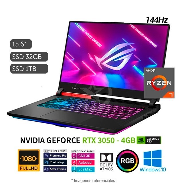 Laptop Asus ROG Strix G15 - G513QC Gaming, AMD Ryzen 7 5800H 3.2GHz, RAM 32GB, SSD 1TB, Video 4GB Nvidia RTX 3050, LED 15.6" Full HD a 144Hz, Windows 10 Home
