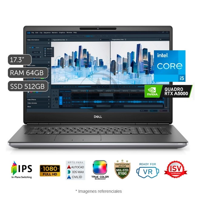 Laptop WorkStation Dell Precision 7760 Intel Core i5-11500H 2.4GHz, RAM 64GB, Sólido SSD 1TB PCle, Video 16 GB Nvidia Quadro RTX A5000, LED 17.3\" Full HD, Windows 10 Pro