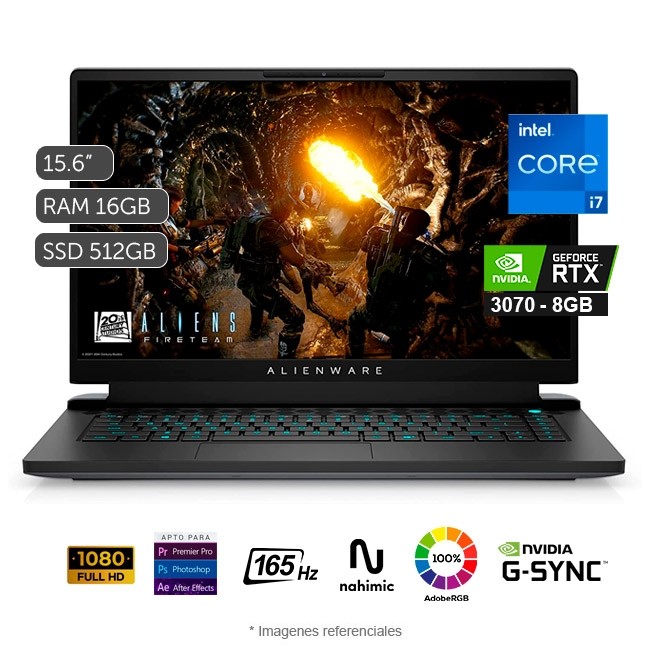 Laptop Dell Alienware M15 R6 Gaming, Intel Core i7-11800H 2.3GHz, RAM 16GB, Sólido SSD 512 GB PCIe, Video 8 GB Nvidia RTX 3070, LED 15.6" Full HD a 165Hz, 3ms, Windows 11 Home