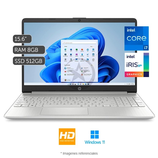 Laptop HP 15-DY5009LA Intel Core™ i7-1255U 3.5GHz, RAM 8GB, Sólido SSD 512GB PCle, LED 15.6" HD, Windows 11 Home