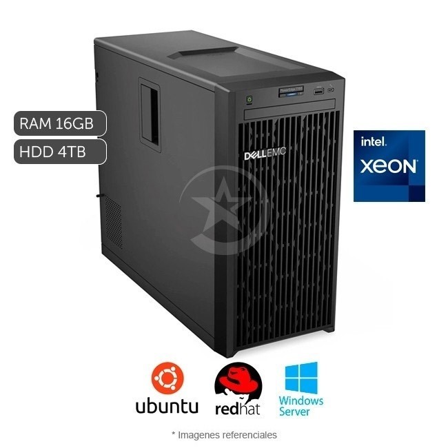 Servidor DELL PowerEdge T150 Torre, Intel Xeon E-2314 2.8 GHz, RAM 16 GB ECC, HDD 2TB 7.2K - Hot-Plug Controlador PERC H345, PERC H755, HBA355i