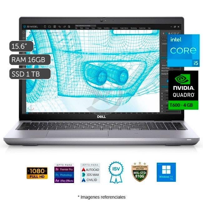 Laptop Workstation Dell Precision 3561, Intel Core i5-11500H 2.4GHz , RAM 16GB, Sólido SSD 1TB PCIe, Video 4 GB Nvidia Quadro T600, LED 15.6" Full HD, Windows 11 Pro