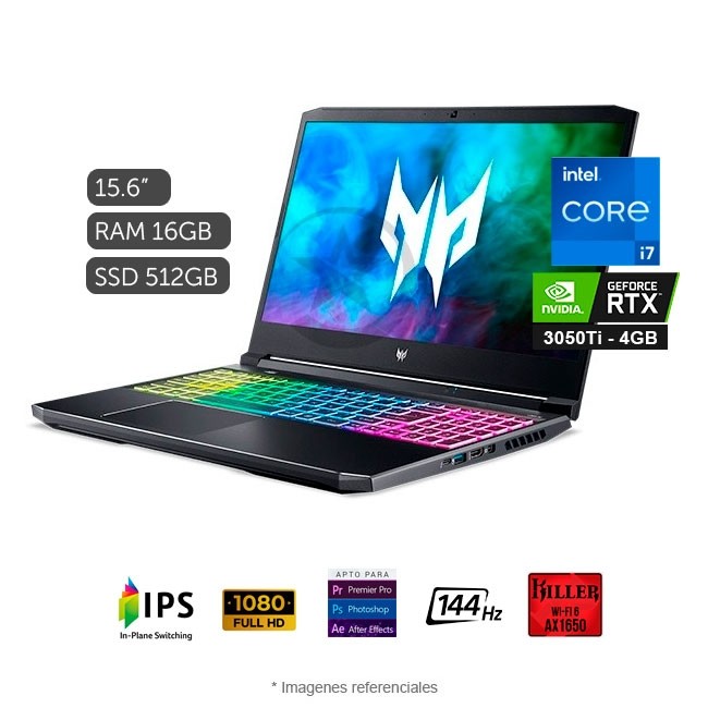 Laptop Acer Predator Helios 300 PH315-54 Gaming, Core i7-11800H 2.3GHz, RAM 16GB, Sólido SSD 512GB PCIe, Video 4 GB Nvidia RTX 3050Ti, LED 15.6'' Full HD a 144Hz, Windows 10 Home