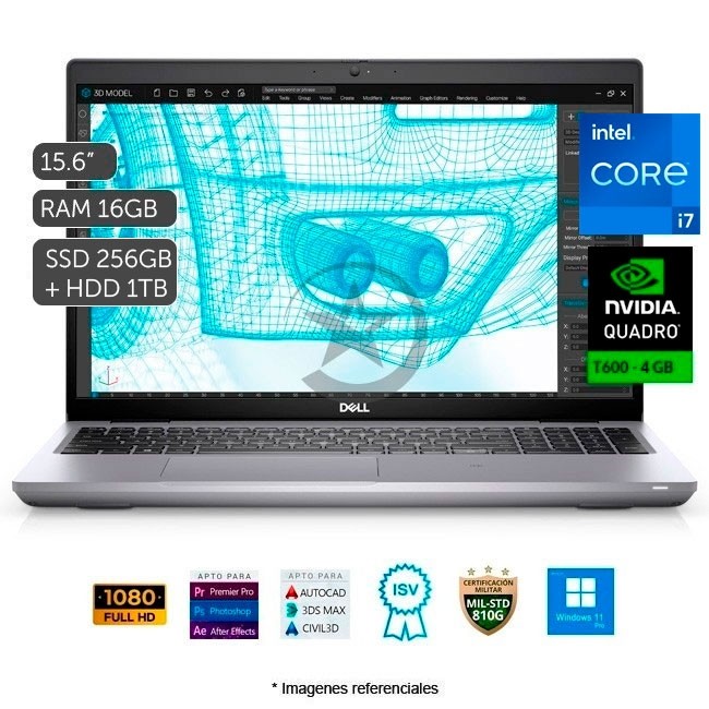 Laptop Workstation Dell Precision 3561, Intel Core i7-11850H 2.5GHz, RAM 16GB, Sólido SSD 256GB + HDD 1TB, Video 4 GB Nvidia Quadro T600, LED 15.6" Full HD, Windows 11 Pro SP