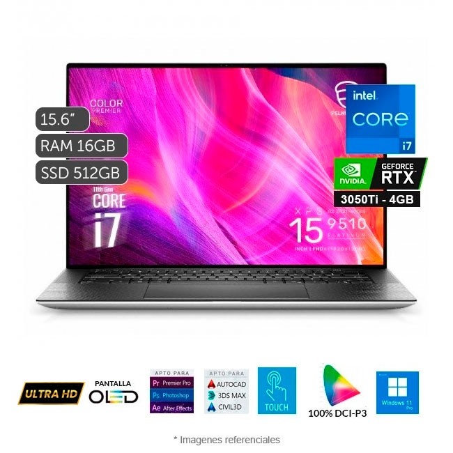 Laptop Dell XPS 15 9510, Intel Core i7-11800H 2.3GHz, RAM 16GB, Sólido SSD 512GB PCIe, Video 4 GB Nvidia RTX 3050Ti, LED 15.6" 3.5K OLED, Windows 10 Home