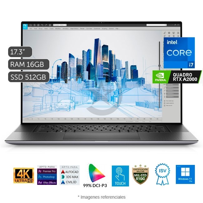 Laptop Workstation Dell Precision 5760 Intel Core i7-11850H 2.5 GHz, RAM 16GB, Sólido SSD 512GB, Video Quadro RTX A2000 de 4 GB, LED 17.3" UHD+ 4K Táctil, Windows 11 Pro