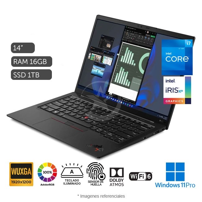 Ultrabook Lenovo ThinkPad X1 Carbon Gen10, Core i7-1260P Hasta 4.7 GHz, RAM 16GB, Sólido SSD 1TB PCIe, LED 14\" WUXGA Full HD Táctil, Windows 11 Pro