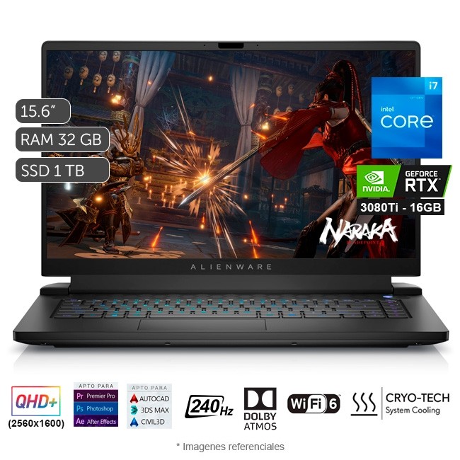 Laptop Dell Alienware M15 R7 Gaming, Core i7-12700H Hasta 4.7 GHz, RAM 32GB, Sólido SSD 1TB PCIe, Video 16GB GB NVIDIA GeForce RTX 3080Ti, LED 15.6" QHD a 240Hz, Windows 11 Home