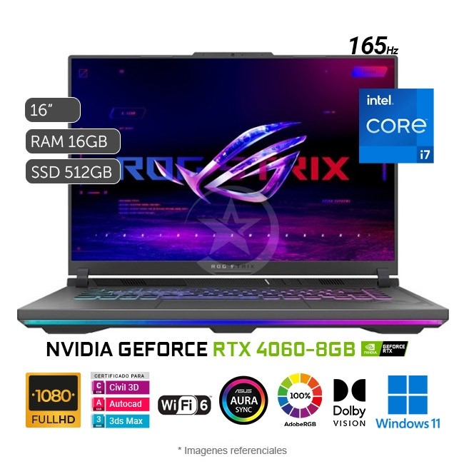 Laptop Asus ROG Strix G16 - G614JV Gaming, Intel Core i7-13650HX Hasta 4.9 GHz, RAM 16GB, Sólido SSD 512GB PCIe, Video 8 GB NVIDIA RTX 4060, LED IPS de 16" WUXGA de 165Hz 100% DCI-P3, Windows 11 Home