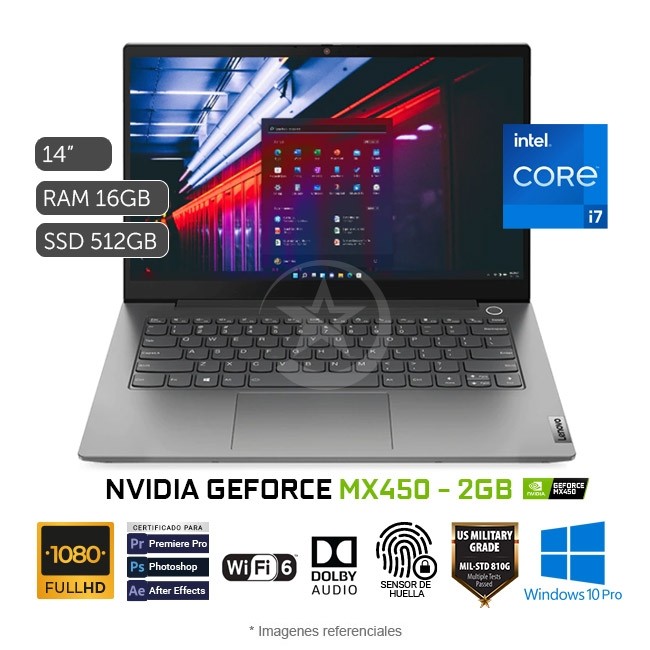 Laptop Lenovo ThinkBook 14 G2, Intel Core i7-1165G7 Hasta 4.7 GHz, RAM 16GB, Sólido SSD 512GB PCIe, Video NVIDIA® GeForce MX450 2GB, LED 14" Full HD, Windows 10 Pro SP
