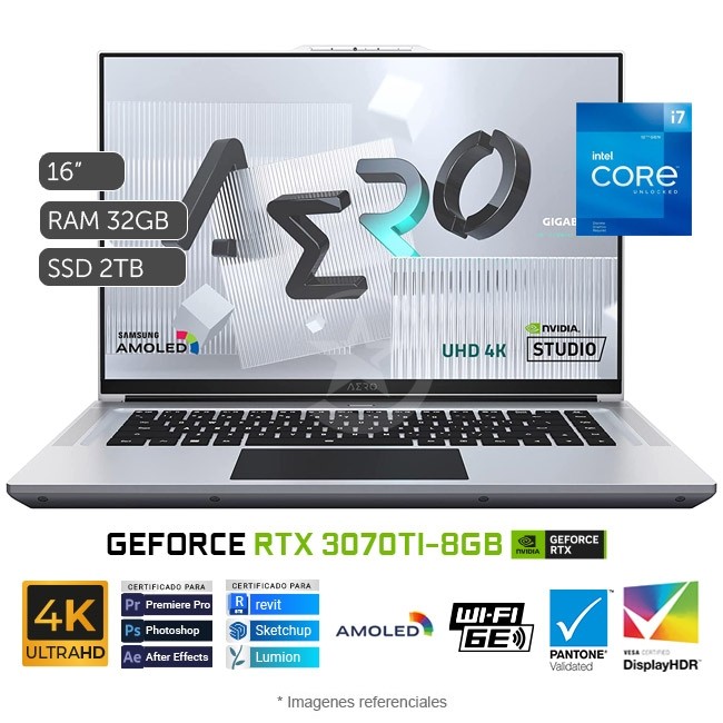 Laptop Gigabyte AERO 16 XE5 Creator, Intel Core i7-12700H Hasta 4.7 GHz, RAM 32GB, Sólido SSD 2TB PCIe, Video 8GB Nvidia GeForce RTX 3070Ti, AMOLED 16" 4K UHD+, Windows 11 Pro