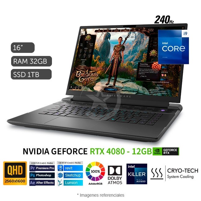 Laptop Dell Alienware M16 R1 Gaming, Core i9-13900HX Hasta 5.4 GHz, RAM 32GB, SSD 1TB, Video 12GB NVIDIA RTX 4080, LED 16\" QHD+ a 240Hz, Windows 11 Home