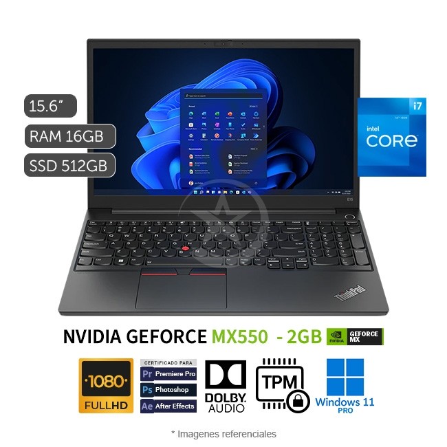 Laptop Lenovo ThinkPad E15 Gen 4, Intel Core i7-1255U Hasta 4.7 GHz, RAM 16GB, SSD 512 GB, NVIDIA GeForce MX550 2GB, LED 15.6\" Full HD, Windows 11 Pro SP