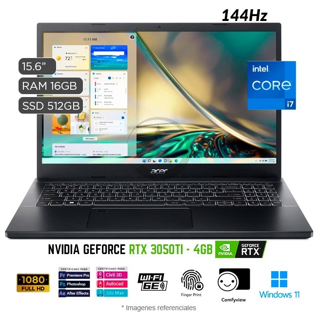 Laptop ACER Aspire 7 A715-51G, Intel Core i7-1260P 3.4 GHz, RAM 16GB, SSD 512GB, Video 4GB Nvidia RTX 3050Ti, LED 15.6" Full HD a 144Hz, Windows 11 Home