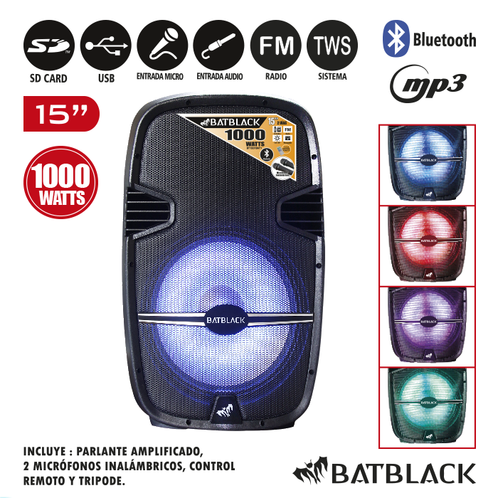 Parlante Amplificado 15″ 1000W Conexión Bluetooth, FM, USB,SD CARD con 2 Micrófonos Inalámbricos y Pedestal BT-1501BAT BATBLACK