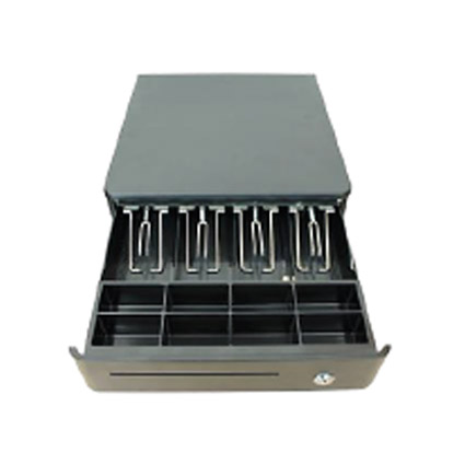 Cashdrawer 410(W) x 415(L) x 100(H) mm 24V, EPSON RJ12connector, black, 5 notes/8coin With RoHS.