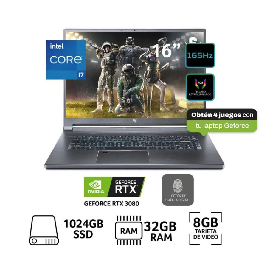 Laptop Gamer Predator Triton 500 16\" Core i7 11800H 32GB RAM 1024GB SSD 8GB Video RTX 3080