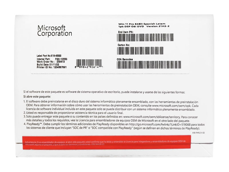 WINDOWS MICROSOFT 11 PRO 64BITS FQC-10553 ESPA�OL PERPETUO