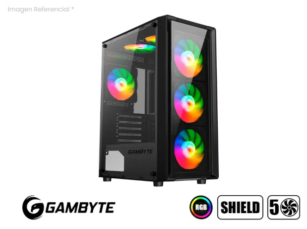 Case Gambyte Shield S/fuente (cs-shi4rbwkg-lg) Paneles De Vidrio, 5 Ventiladores, Led Rainbow, Negro