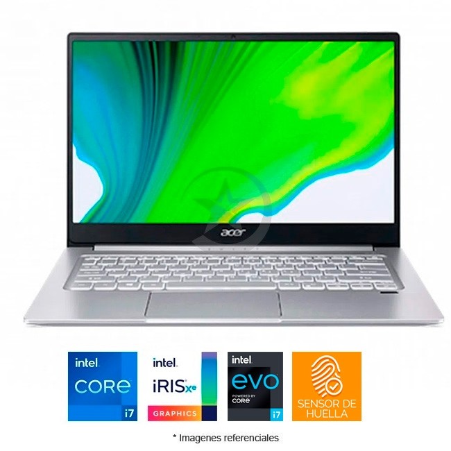 Ultrabook ACER Swift 3 SF314-59 Intel Core i7-1165G7 2.8GHz, RAM 8GB, Sólido SSD 256Gb PCIe, Gráficos Intel Iris® Xe, Pantalla LED 14" Full HD, Windows 10 home. Peso 1.2Kg