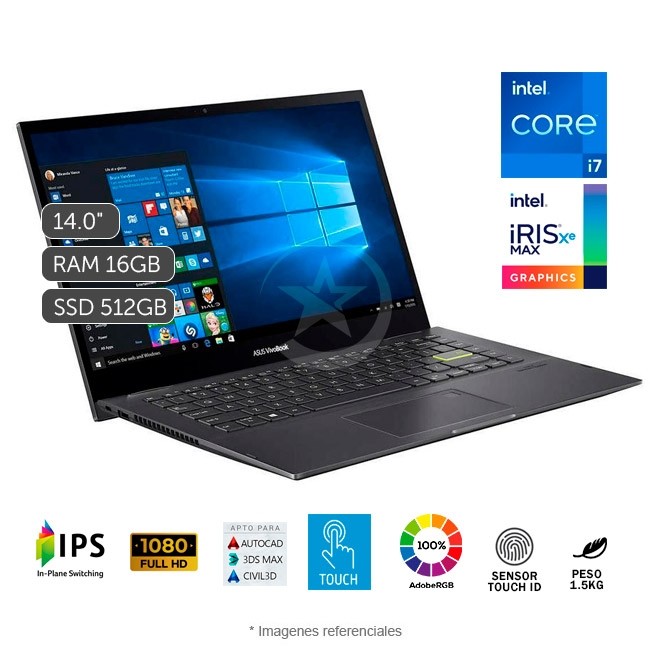 Convertible 2 en 1 VivoBook Flip 14 TP470EZ, i7-1165G7, RAM 16GB, SSD 512GB, Video 4GB, Pantalla LED 14 Full HD Tactil, Wind 10 Home