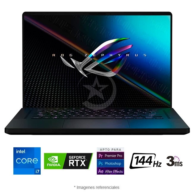 Laptop ASUS ROG Zephyrus M16 GU603HE-211 Intel Core i7-11800H 2.3GHz, RAM 16GB, Sólido SSD 512GB PCIe, Video 4 GB Nvidia GeForce RTX 3050 Ti, LED 16" WUXGA a 144Hz, Windows 10 Home