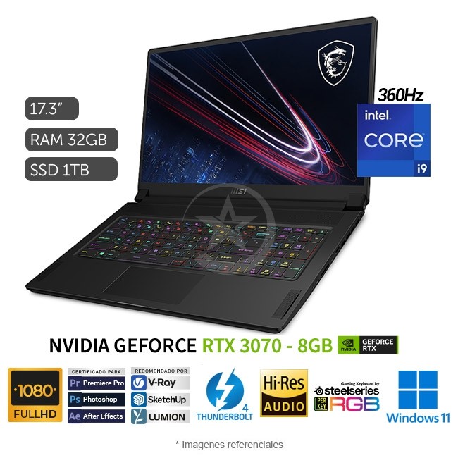 Laptop MSI GS76 Stealth 11UG Gaming, Core i9-11900H 2.5GHz, RAM 32GB, SSD 1TB, Video 8GB Nvidia RTX 3070, LED 17.3" FHD a 360Hz, Windows 11 Home