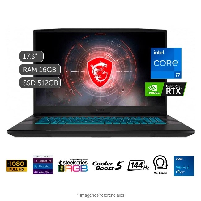 Laptop MSI Crosshair 17 A11UCK, Intel Core i7-11800H 2.3 GHz, RAM 16GB, Sólido SSD 512GB PCle, Video 4 GB Nvidia GeForce RTX 3050, LED 17.3" Full HD a 144Hz, Windows 10 Home