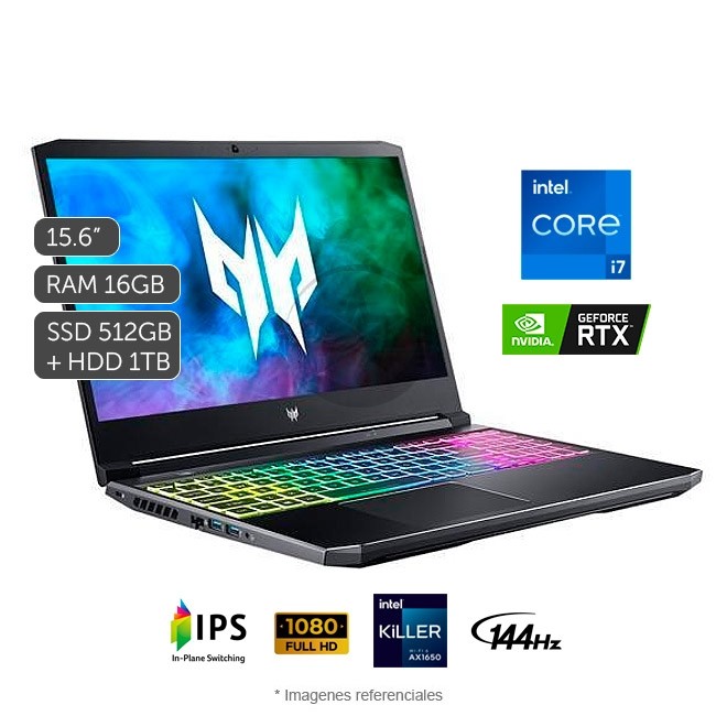 Laptop Acer Predator Helios 300 PH315-54 Gaming, Core i7-11800H 2.3GHz, RAM 16GB, Sólido SSD 512GB PCIe + HDD 1TB, Video 6 GB Nvidia RTX 3060, LED 15.6'' Full HD a 144Hz, Windows 10 Home