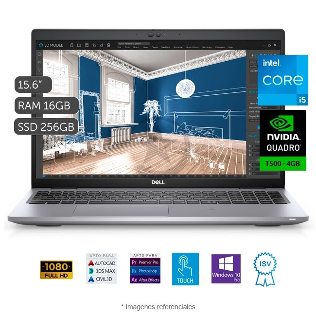 Workstation Dell Precision 3560 Touch, Core i5-1145G7 2.6GHz , RAM 16GB, Sólido SSD 256GB PCIe, Video 4 GB Nvidia Quadro T500, LED 15.6" Full HD Táctil, Windows 10 Pro