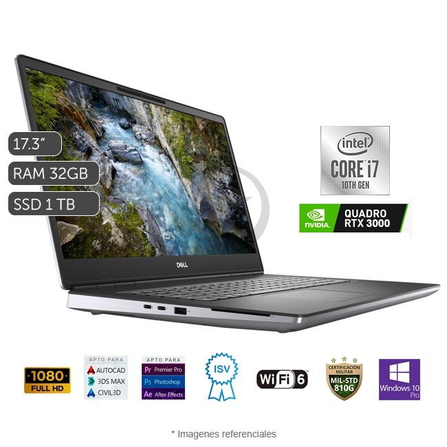 Laptop WorkStation Dell Precision 7750 Intel Core i7-10850H 2.7GHz, RAM 32GB, Sólido SSD 1TB PCle, Video 6 GB Nvidia Quadro RTX 3000, LED 17.3" Full HD, Windows 10 Pro