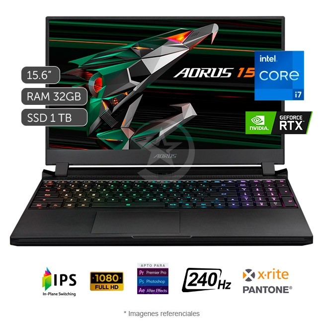 Laptop Gigabyte Aorus 15P YD-73US, Intel Core i7-11800H 2.3GHz, RAM 32GB, Sólido SSD 1TB PCIe, Video 8GB Nvidia GeForce RTX 3080, LED 15.6" Full HD a 240Hz, Windows 10 Home