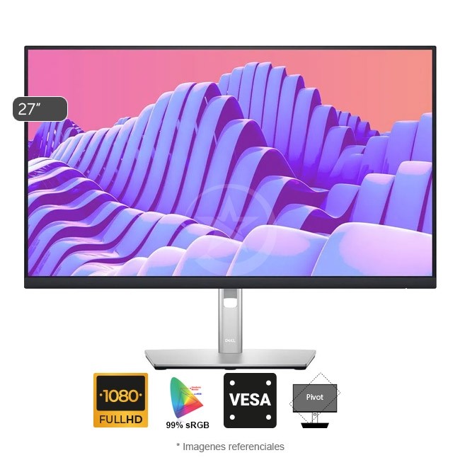 Monitor DELL P2725H 27" LED Full HD (1920x1080) ConfortView Plus, IPS, DisplayPort / VGA / HDMI / sRGB 99%, 100Hz, Pivot, Inclinación, Giro y Altura regulable - Soporte VESA
