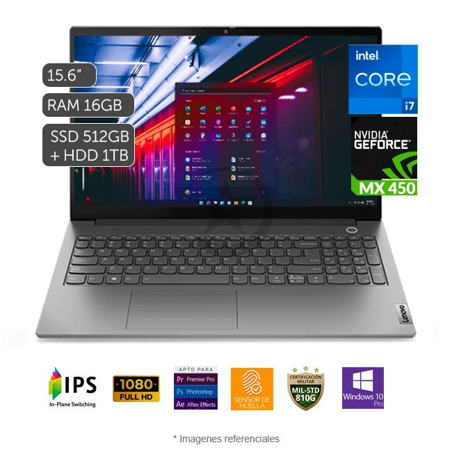 Laptop Lenovo ThinkBook 15 Gen2, Intel core i7-1165G7 2.8GHz, RAM 16GB, Sólido SSD 512GB PCIe + HDD 1TB, Video NVIDIA GeForce MX450 2GB, LED 15.6" Full HD, Windows 10 Pro SP