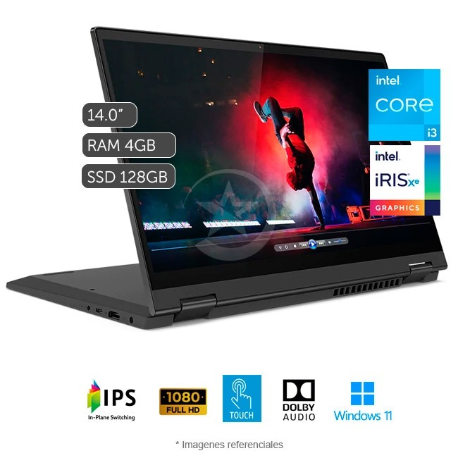 Laptop convertible 2 en 1 Lenovo Flex 5 14ITL05 Core i3-1115G4 3.0 GHz, RAM 4GB, Sólido SSD 128GB PCIe, LED 14.0\" Full HD, Touch, Windows 11 Home