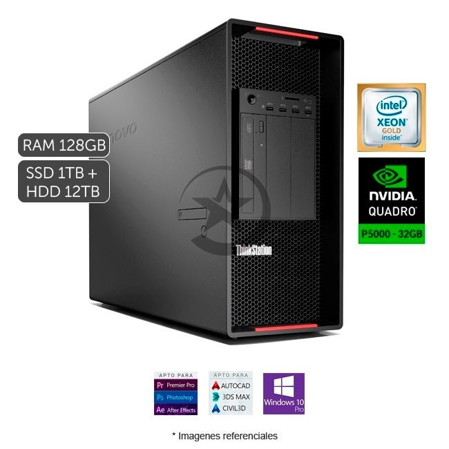 PC WorkStation Lenovo ThinkStation P920 Tower, Doble procesador Intel Xeon Gold 6136 3.0 GHz (24 núcleos), RAM 128 GB ECC + Sólido SSD 1TB PCIe + HDD 12TB, Video Dual SLI Nvidia Quadro P5000 con 32GB, Windows 10 Pro