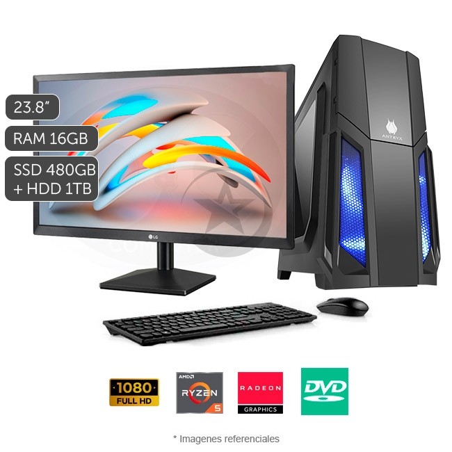 PC AMD Bronze - AMD Ryzen 5 5600G 3.9 GHz, RAM 16GB, Disco Sólido SSD 480GB + HDD 1TB, Monitor Full HD LED 23.8''