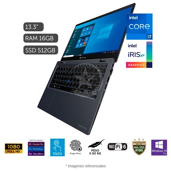 Laptop Toshiba Dynabook Portege X30L Touch, Intel Core i7-1165G7 2.8GHz, RAM 16GB, Sólido SSD 512GB PCIe, LED 13.3" Full HD IGZO Táctil, Windows 10 Pro. Peso 0.9 Kg