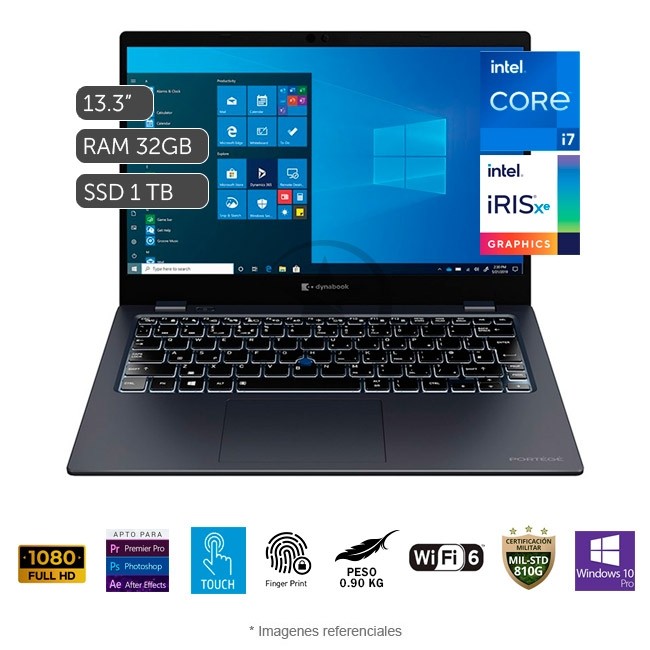 Laptop Toshiba Dynabook Portege X30L Touch, Intel Core i7-1165G7 2.8GHz, RAM 32GB, Sólido SSD 1 TB PCIe, LED 13.3" Full HD IGZO Táctil, Windows 10 Pro. Peso 0.9 Kg