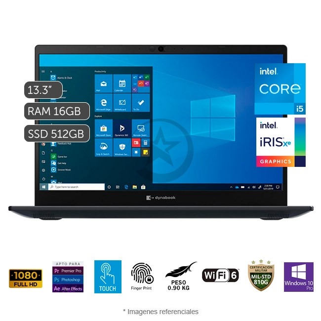 Laptop Toshiba Dynabook Portege X30L Touch, Intel Core i5-1145G7 2.6GHz, RAM 16GB, Sólido SSD 512GB PCIe, LED 13.3" Full HD IGZO Táctil, Windows 10 Pro. Peso 0.9 Kg