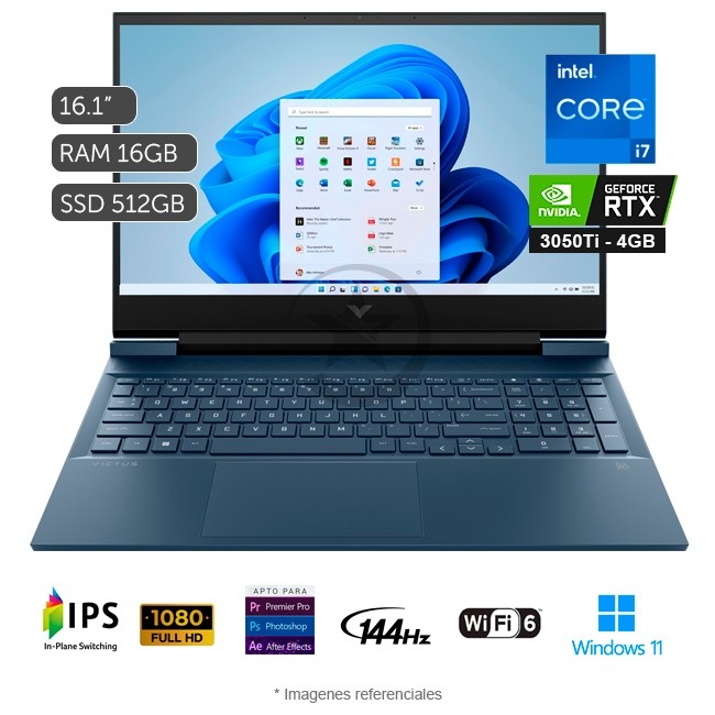 Laptop HP Victus 16-D0525LA Intel Core i7-11800H 2.3 GHz, RAM 16GB, Sólido SSD 512 GB PCIe, Video 4 GB Nvidia RTX 3050Ti, LED 16.1\" Full HD a 144 Hz, Windows 11 Home SP