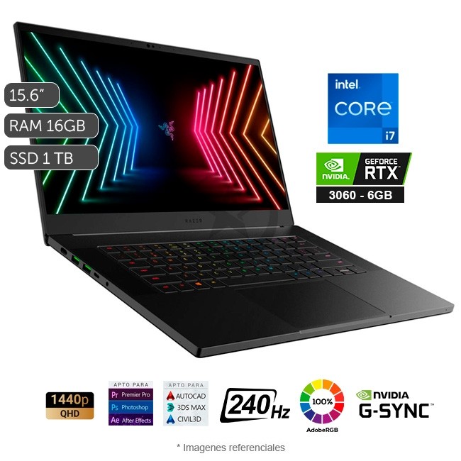 Laptop Razer Blade 15 Advanced Gaming Core i7-11800H 2.3GHz, RAM 16GB , Sólido SSD 1TB PCIe, Video 6 GB NVIDIA RTX 3060, LED 15.6" QHD 240Hz, Windows 10 Home