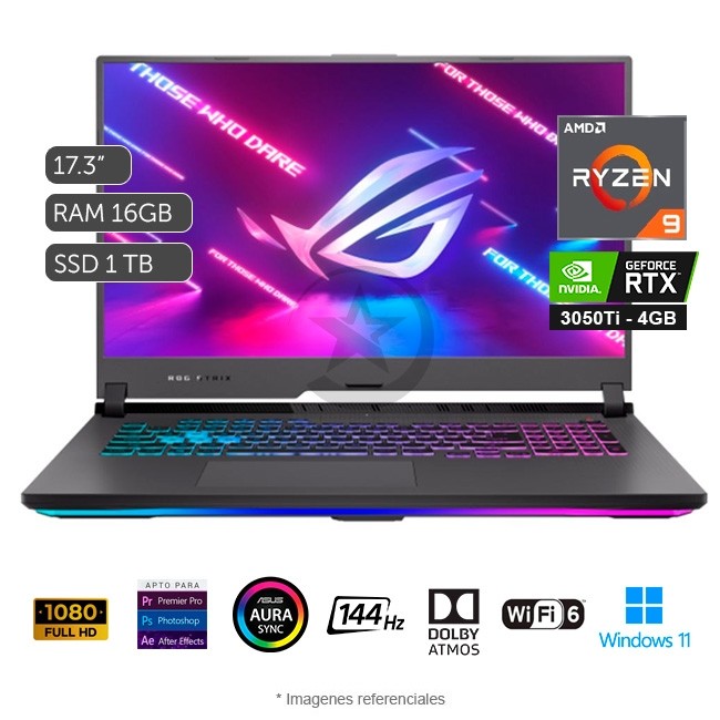 Laptop Asus ROG Strix G17 - G713QE Gaming, AMD Ryzen 9 5900HX 3.3GHz, RAM 16GB, Sólido SSD 1TB PCIe, Video 4 GB Nvidia RTX 3050Ti, LED 17.3" Full HD a 144Hz, Windows 11 Home