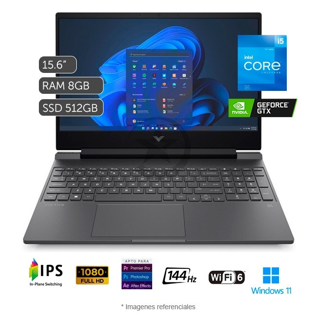 Laptop HP Victus 15-FA0031 Gaming, Intel Core™ i5-12450H 3.3GHz, RAM 8GB, Sólido SSD 512GB PCIe, Video 4 GB Nvidia GTX 1650, LED 15.6" Full HD, 144Hz, Windows 11 Home