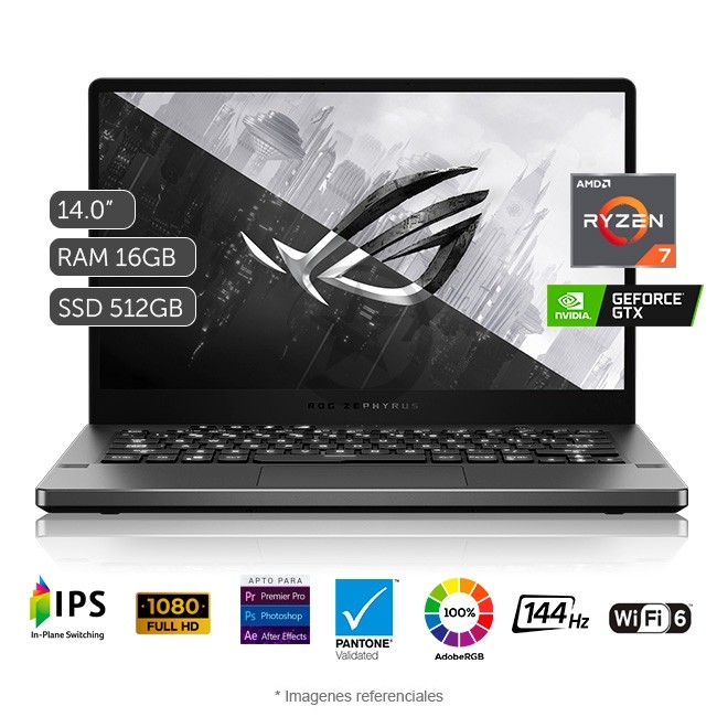 Laptop Asus ROG Zephyrus G14-G401QH, AMD Ryzen 7 5800HS 2.8GHz, RAM 16GB, Sólido SSD 512 GB PCIe, Video 4 GB Nvidia GTX 1650, LED 14" Full HD a 144Hz, Windows 11 Home