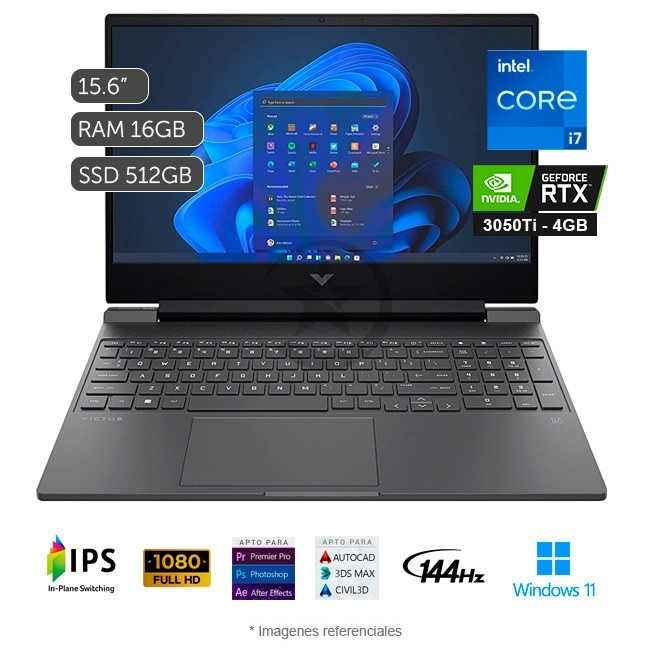 Laptop HP Victus 15-FA0032DX Core i7-12650H 3.5 GHz, RAM 16GB, Sólido SSD 512 GB PCIe, Video 4 GB Nvidia RTX 3050Ti, LED 15.6\" Full HD a 144 Hz, Windows 11 Home