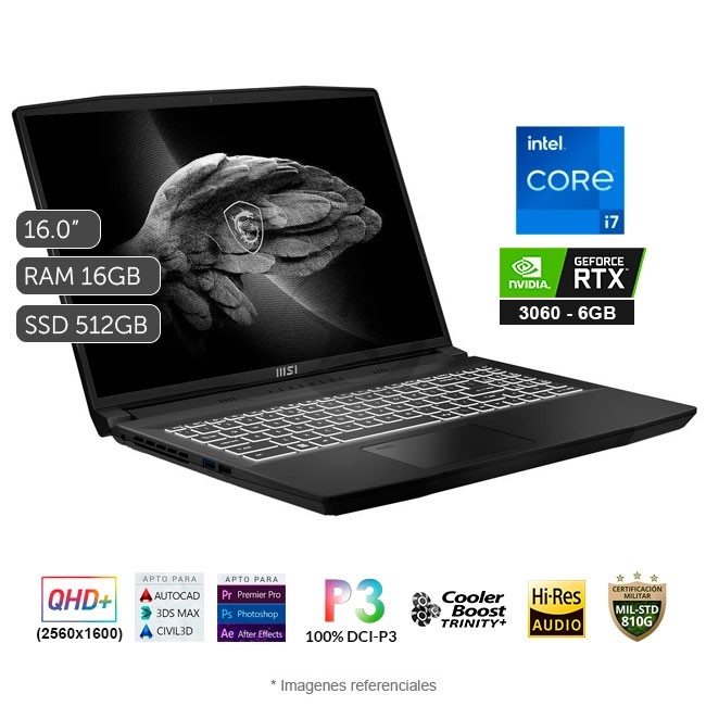 Laptop MSI Creator M16 A12UE-631, Intel Core i7-12700H 2.3 GHz, RAM 16GB, Sólido SSD 512GB PCIe, Video 6 GB Nvidia GeForce RTX 3060, LED 16.0" QHD+, Windows 11 Home